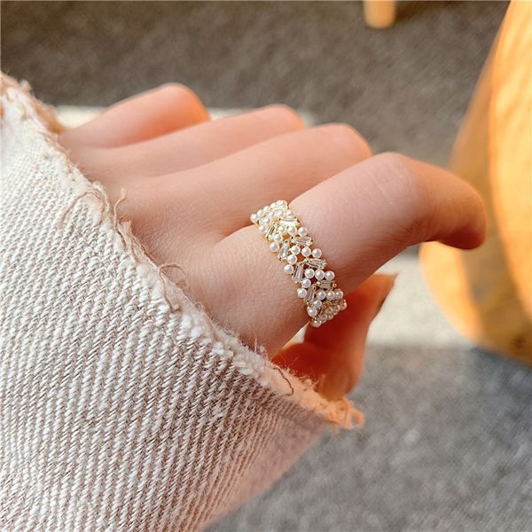 

japan korean simple imitation pearl crystal rings girls party jewelry fashion index finger open adjustable rings for women bague, Slivery;golden
