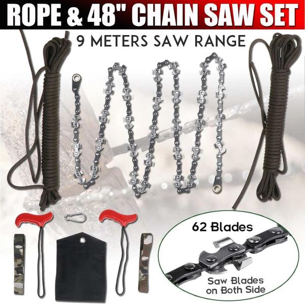 

48 inch double sided saw chain tool high reach rope 65 sections 62 blades cutter kit outdoor wood cutting camping tool