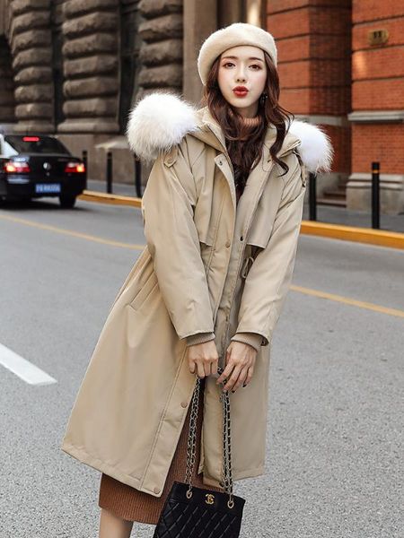 

women's down jacket fashion large fur collar waist hugging slim mid-length2020 winter new, Black