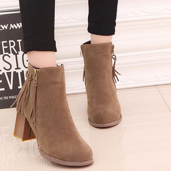 

pointed toe fringe tassel mid heel short ankle boots women shoes, Black