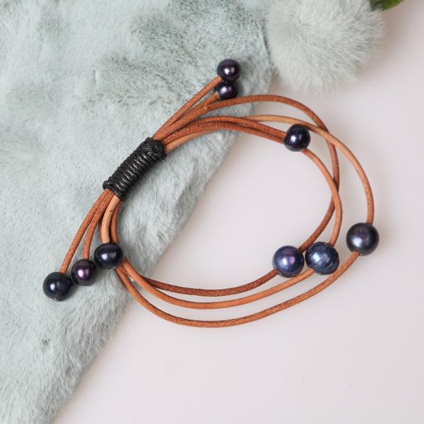 

blue pearls bracelets handmade beaded bracelets on leather bangles freshwater black pearl cowhide leather jewelry