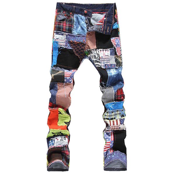 

men's patchwork spliced ripped denim jeans male fashion slim colored patch buttons straight pants ing, Blue