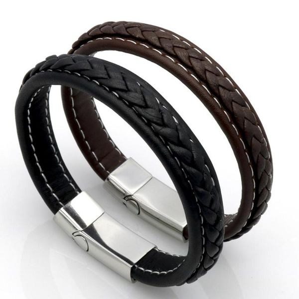 

charm bracelets fashion stainless steel chain black/brown genuine leather bracelet men vintage male braid jewelry for women man buddha, Golden;silver