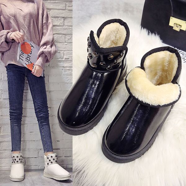 

2020 new platform sneakers winter warm shoes women snow boots rivet boots pu leather snow, Black