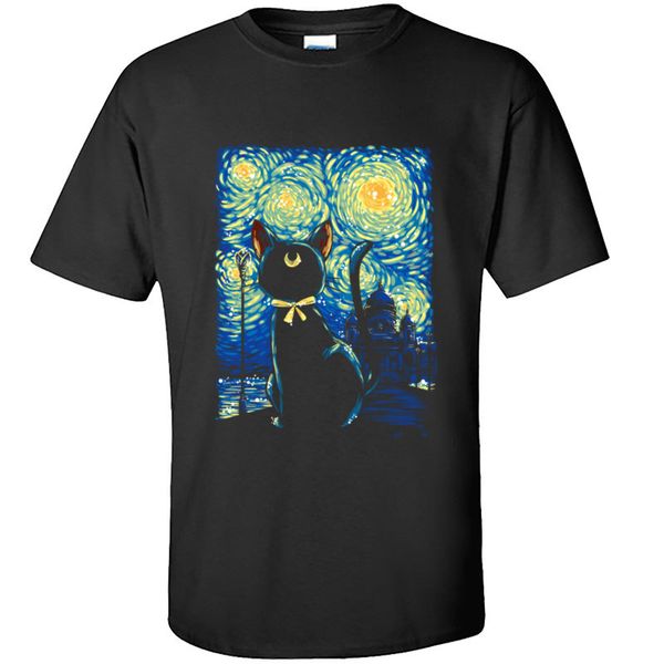 

starry sky artistic cat drawing picture t shirt art design camisa pure cotton crewneck men's tees 3d picture print