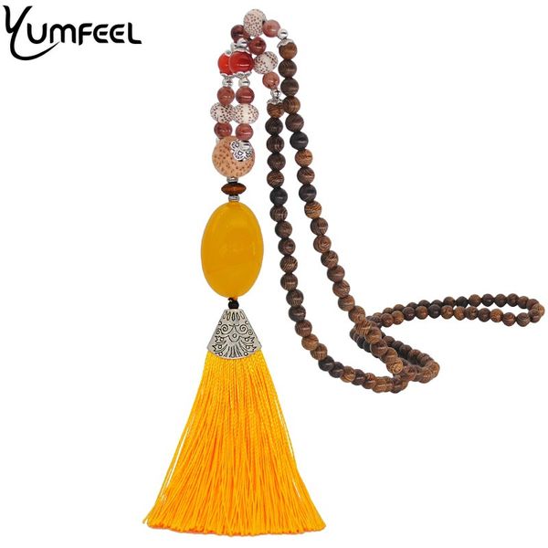 

yumfeel new women jewelry necklace handmade wood beads natural stone yellow tassel necklace gifts, Silver