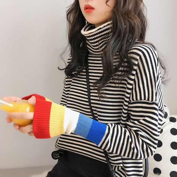 

turtleneck women's loose korean style sweater sweater student 2019 new autumn and winter striped knitted base shirt long sleeve inner, White;black