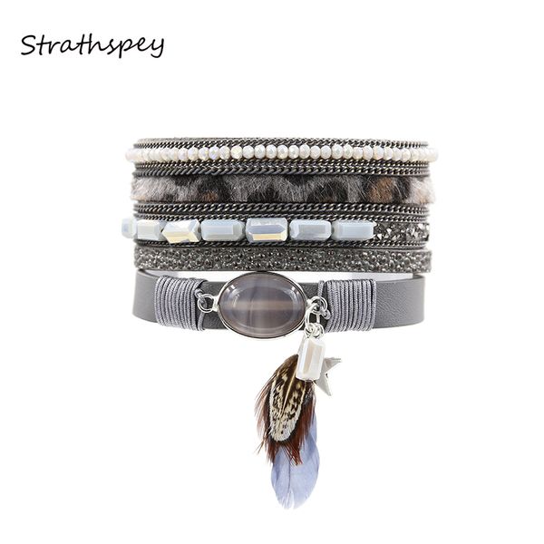 

tennis multilayer beads natural stone wrap bracelet with magnetic clasp handmade vintage leather feather wristbands jewelry, Golden;silver
