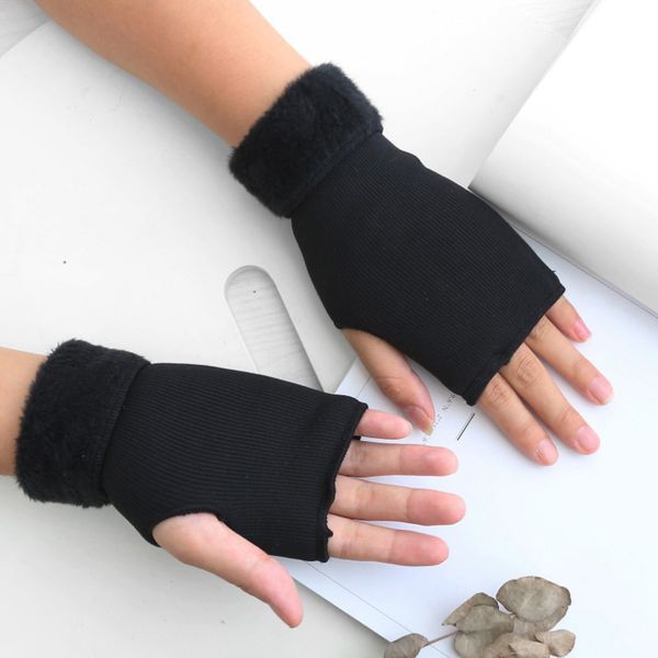 

five fingers gloves winter female knit acrylic touch screen typing mitten autumn women plus velvet double fingerless writing half finger glo, Blue;gray