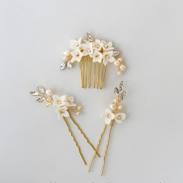 

floralbride handmade freshwater pearls ceram flower bridal hair comb hair pin stickers wedding accessories women jewelry, Golden;silver