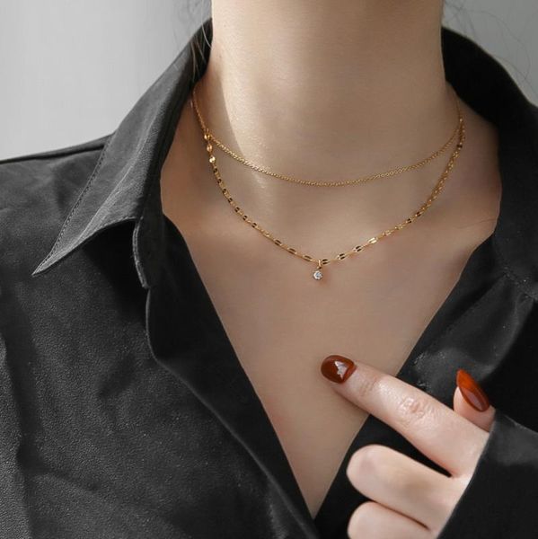 

pendant necklaces yun ruo double layer zircon necklace yellow gold color 316 l titanium steel jewelry woman gift never fade hypoallergenic, Silver