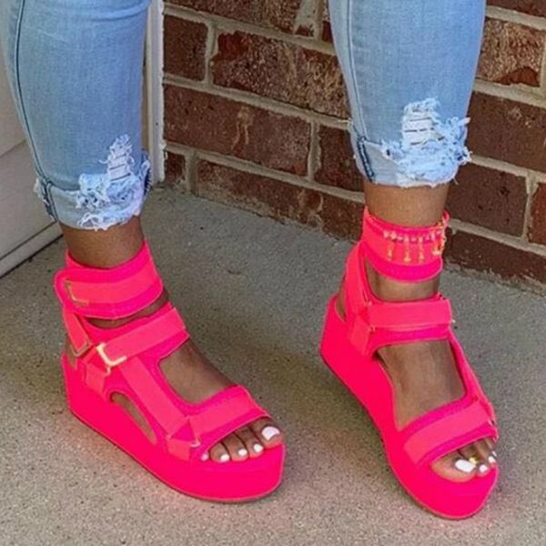 

women platform heel ankle strap light color solid hook&look peep toe summer fashion beach outdoor ladies shoes zapatos de mujer, Black