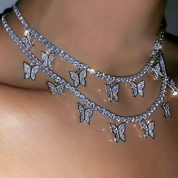 

charm butterfly choker necklace for women silver color rhinestone necklace chain pendant jewelry gift, Golden;silver