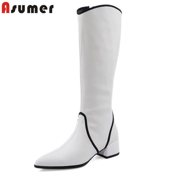

asumer 2020 fashion knee high boots women genuine leather shoes mixed color autumn winter square heel riding boots woman, Black