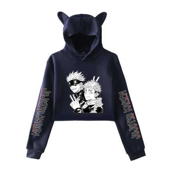 

jujutsu kaisen clothes girls casual cat cropped hoodies women long sleeve hooded pullover crop female streetwear, Black