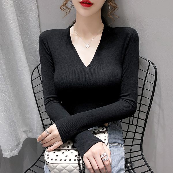 

xiao yang home trend women's dress 2020 nian autumn new style fashion v-neck slim fit slimming solid color versatile long-sleeve, White