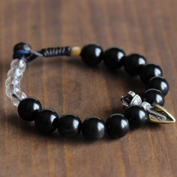 

natrual black obsidian stone with tibetan buddhist vajra charm handmade lucky knots bracelet om jewerly amulet bangle for men, Golden;silver