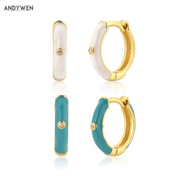 

andywen 925 sterling silver white turquoise enamels hoops 8.5mm circle huggies luxury piercing ohrringe women fashion jewelry, Golden;silver