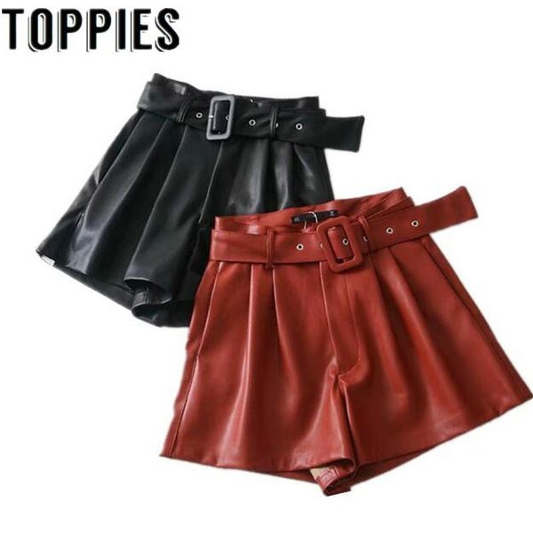 

ieswomen black orange color pu leather high waist with belt wide leg faux leather shorts winter loose pu shorts, White;black