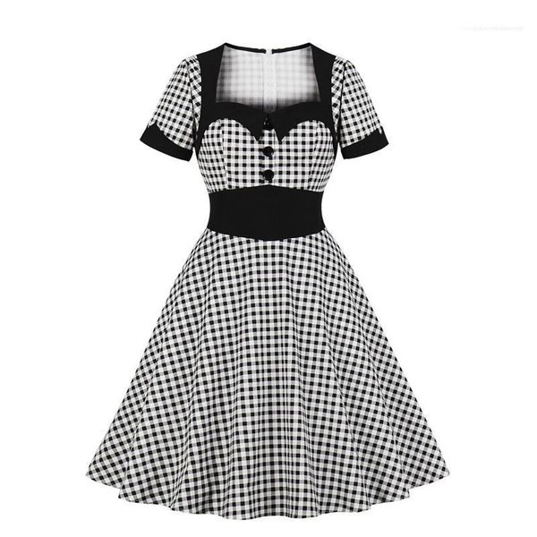 

women designer party dresses high waist short sleeve vintage dress knee length trellis female clothing plus size, Black;gray