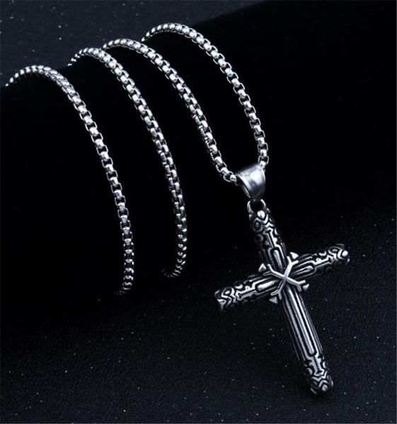 

vintage silver color 316l titanium steel chain double cast cross men's personality stainless steel alloy pendant necklace