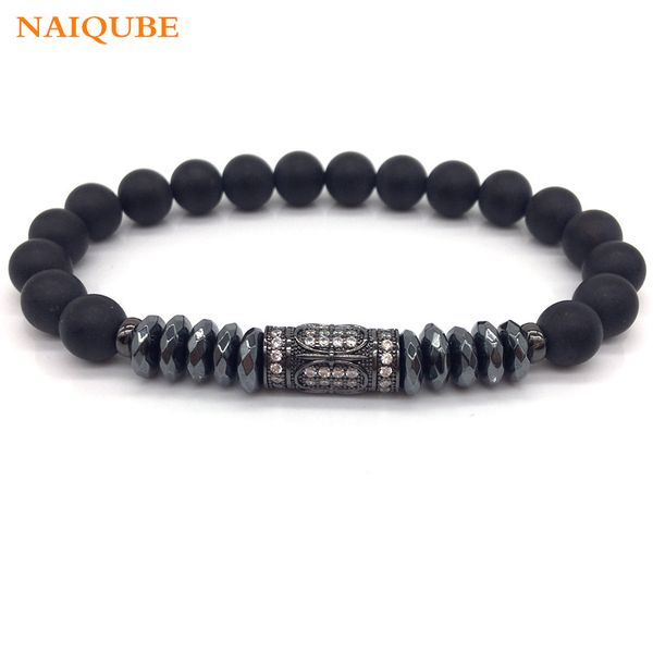 

naiqube 2020 brand new luxury pave cz column with losange hematite charm bracelet for men 8mm matte onxy bead bracelet jewelry, Golden;silver