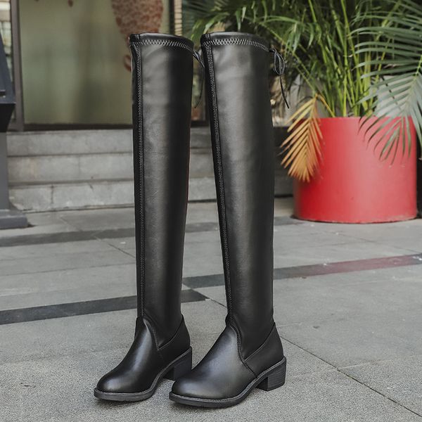 

lblgy 2020 new pu leather women over the knee boots slip-on high heels autumn woman shoes winter women thigh high boots, Black