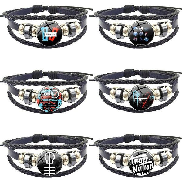 

charm bracelets for wedding jewelry with plated glass cabochon black leather bracelet bangle american rock band 21 pilots logo, Golden;silver