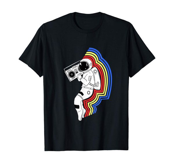 

t-shirt, retro astronaut toe stand holding boombox music