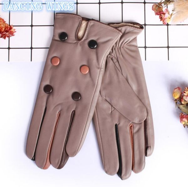 

five fingers gloves elegant button women genuine sheepskin leather autumn and winter thermal female mittens, Blue;gray