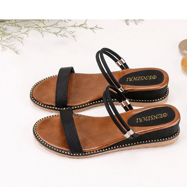 

shoes women 2020 summer new style two wear slope heel flat bottom chinese version gladiator sandals women, Black