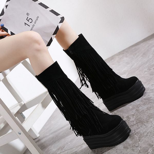 

women mid boots winter high heel wedges platform mid-calf fringe women's boots black red