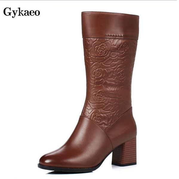 

gykaeo vintage pu leather high heels mid calf women boots woman zip floral plush warm shoes ladies botas mujer chaussures femme, Black