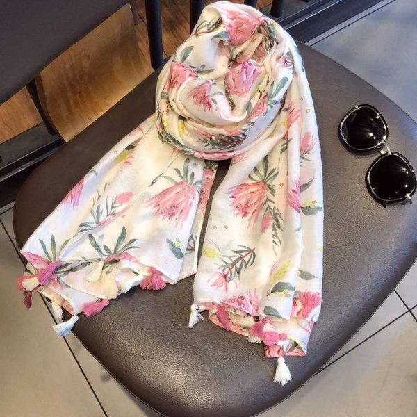 

2020 new fashion girls floral scarf summer long beach scarf flower cape shawl women tropical print with tassels, Blue;gray