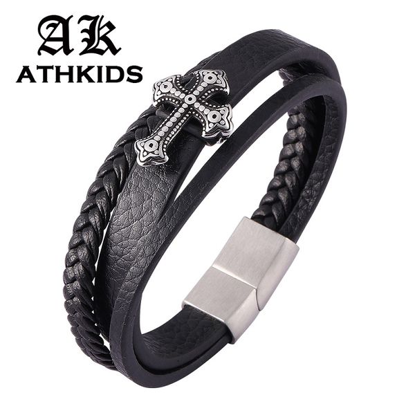 

creative cross multi-layer black leather bracelet men vintage jewelry magnetic buckle fashion bracelets gifts pd0442, Golden;silver