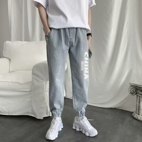 

light blue beam jeans men's loose wild trend printing straight leg pants korean style tide brand summer thin section