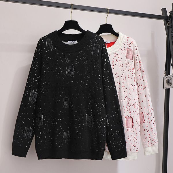 

fashion plus size women's fat sister mm2020 fall loose slimming knit sweater long sleeve round neck pullover women's sweater size, White;black