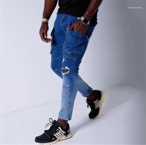 

мужские брюки zipper fly street style длинные мужские брюки мужские конструктора карандаш джинсы gradient stretch тощий с packet, Blue