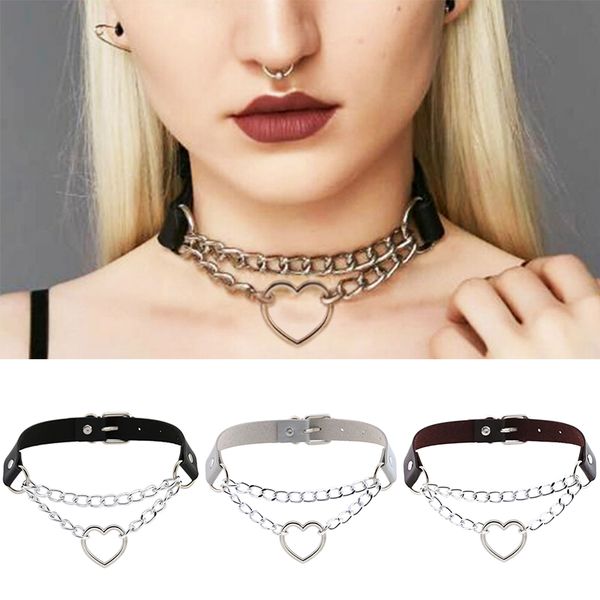 

gothic heart chain choker collar harajuku punk choker women girls black leather chocker kawaii witch jewelry 6 colors, Silver