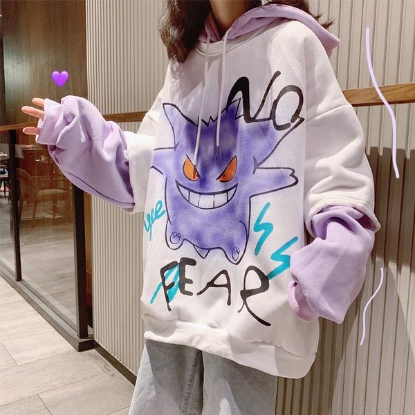 

2020 women's cartoon mock two-piece brushed thick hoodie student autumn winter korean-style fashion coat sweatshirt, Black