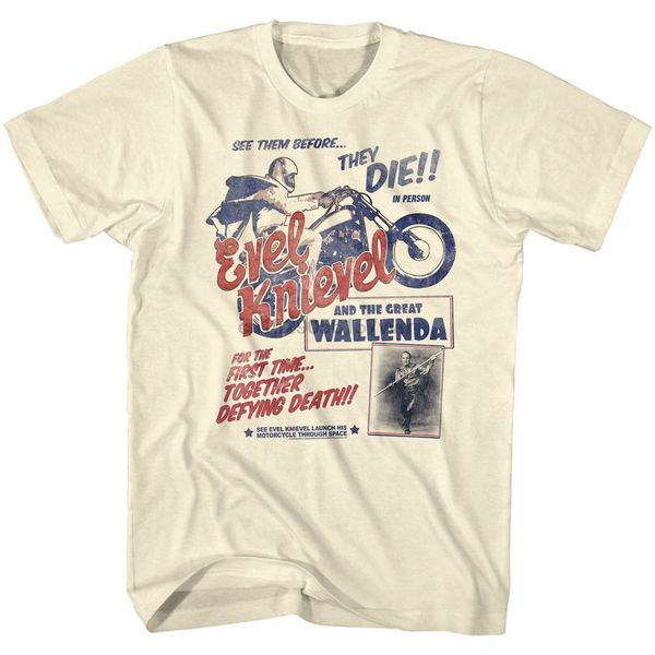 

new evel knievel mens t-shirt wallenda natural color cotton in sizes sm - 5xl
