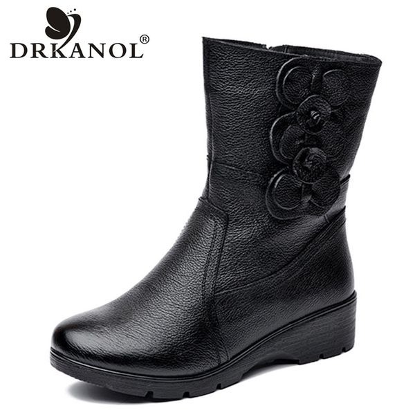 

drkanol fashion women snow boots winter thick plush warm wedge mid calf boots side zipper sweet flowers winter mother boots 200916, Black