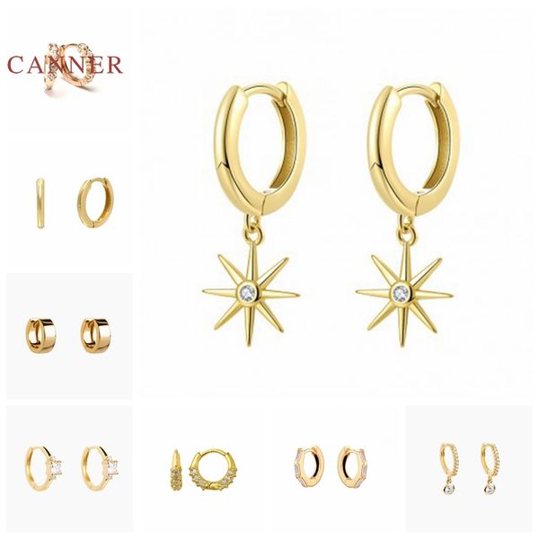 

hoop & huggie canner real 925 sterling silver earrings for women star round glossy hoops zircon diamond korean gold jewelry brincos, Golden;silver