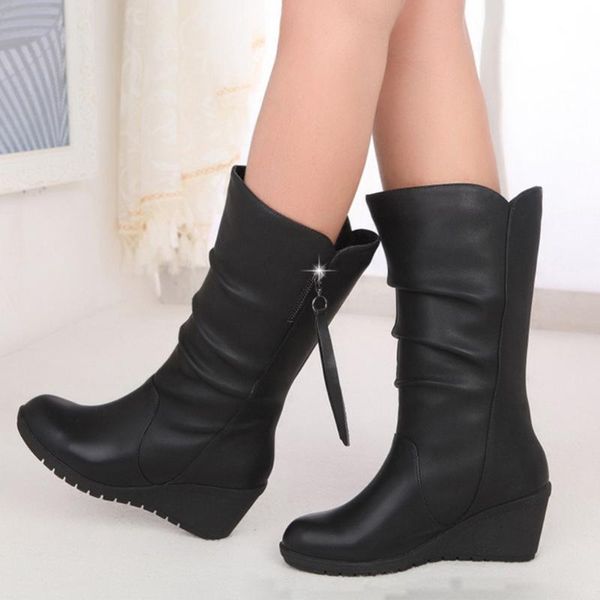 

women shoes fashion pure color round toe slip-up boots wedge heels vintage women boots classic winter, Black