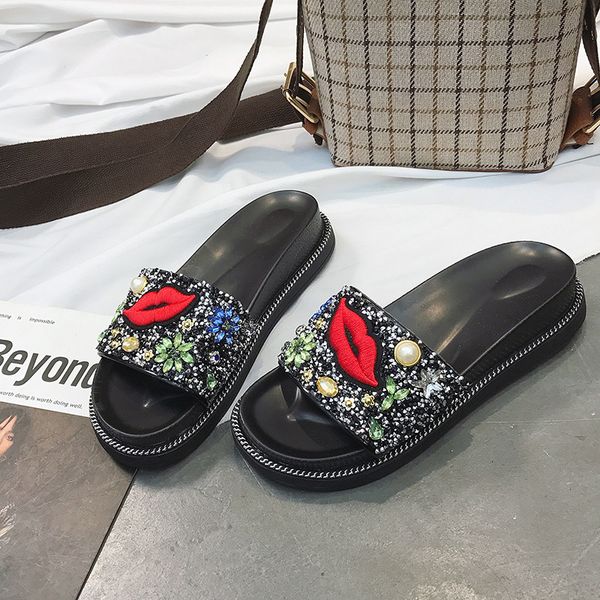 

embroider red lips decoration beach slides women crystal flower appliques platform shoes beads rivets floral studs flat shoes, Black