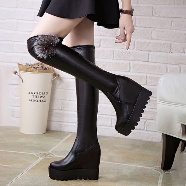 

boots flat platform wedge shoes leather booties thigh high heels high round toe over-the-knee stiletto, Black