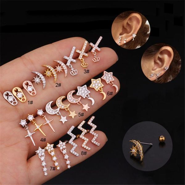 

stainless steel pendant stud earring flower cubic zirconia cartilage stud moon star heart cross flower crown piercing 20g, Golden;silver