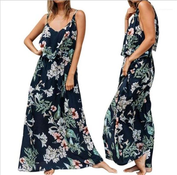 

flora print dresses ladies maxi dress slim v neck large pendulum dress summer sleeveless womens, Black;gray