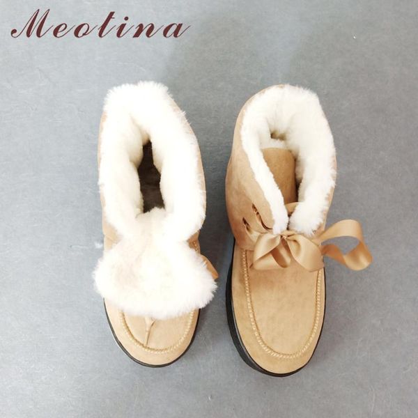 

meotina winter snow boots women shoes platform flats ankle boots round toe lace up fur lining short lady apricot black 44