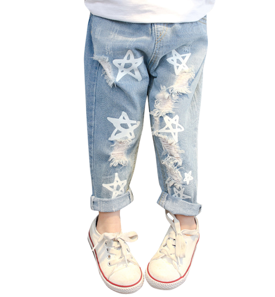 

baby girls jeans star print jeans pants for girls elastic waist kids jeans with hole autumn novelty clothes for infant girls, Blue